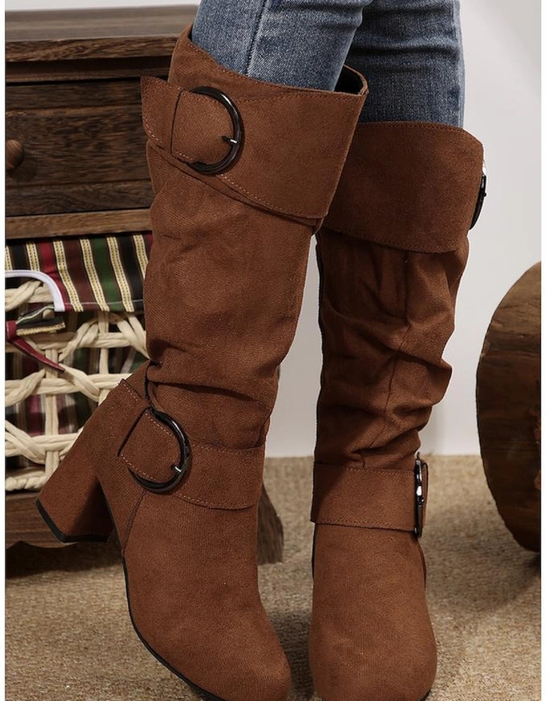 Coffee Suede Double Buckled Side Zipped Mid-calf Boots