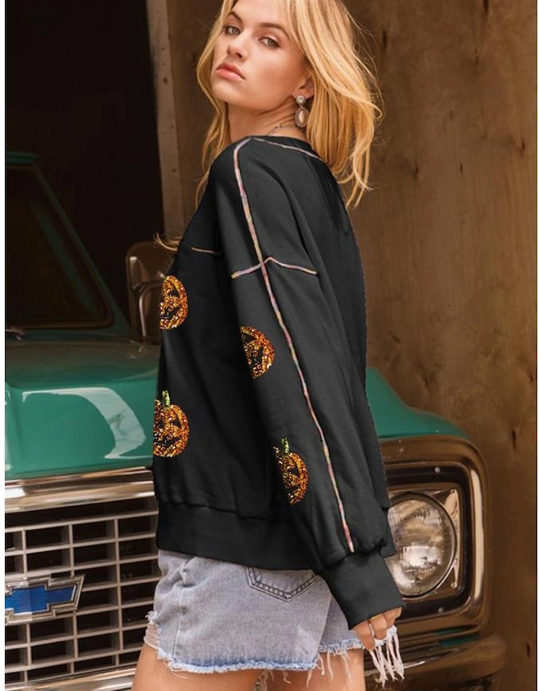 Black Sequin Pumpkin Face Graphic Exposed Seam Halloween Sweatshirt, 5 of 4
