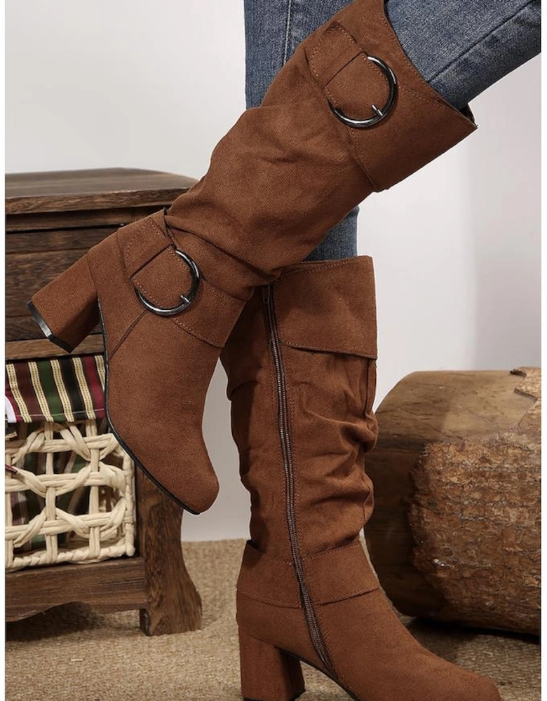 Coffee Suede Double Buckled Side Zipped Mid-calf Boots