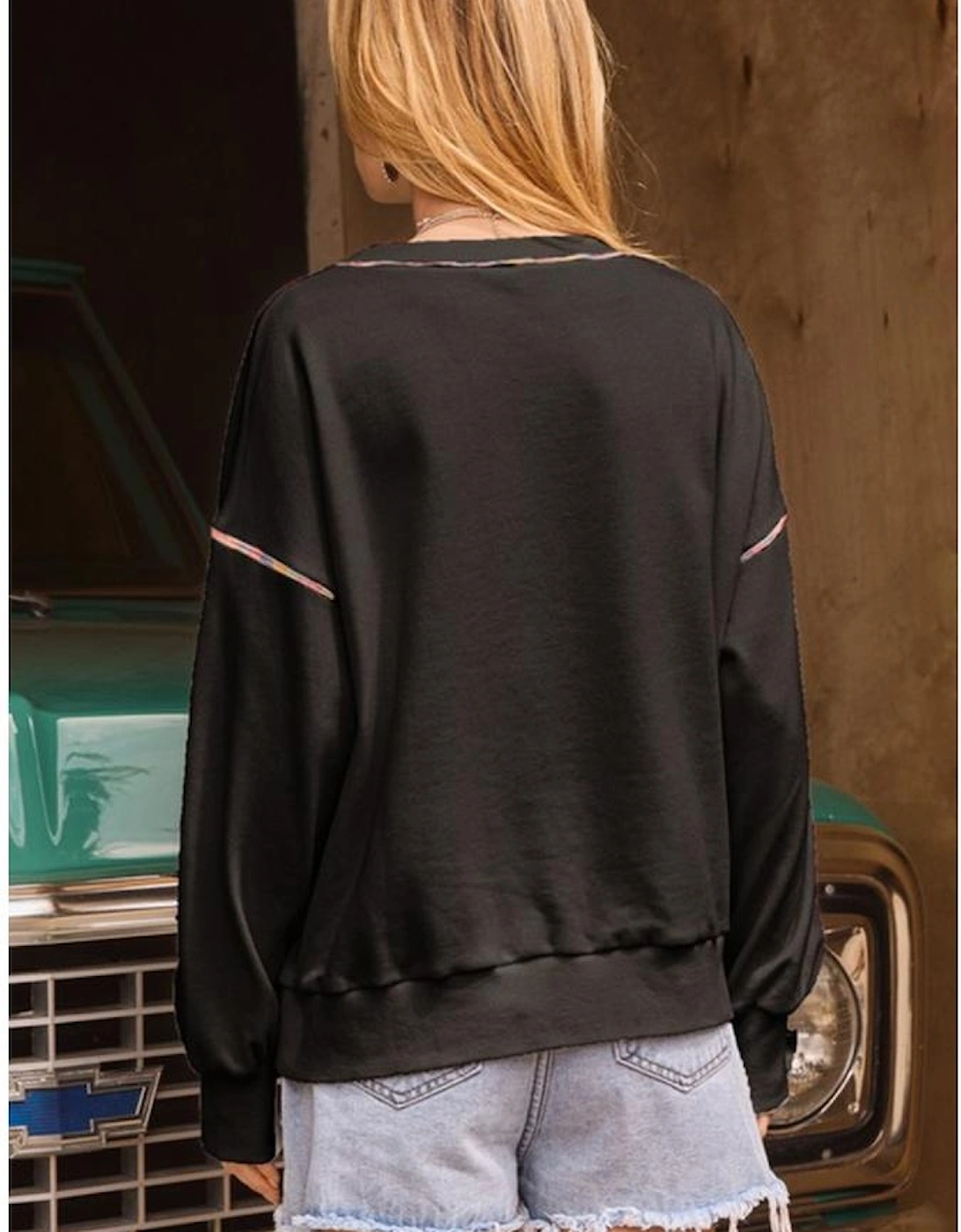 Black Contrast Rainbow Trim Drop Shoulder Pullover Sweatshirt, 5 of 4