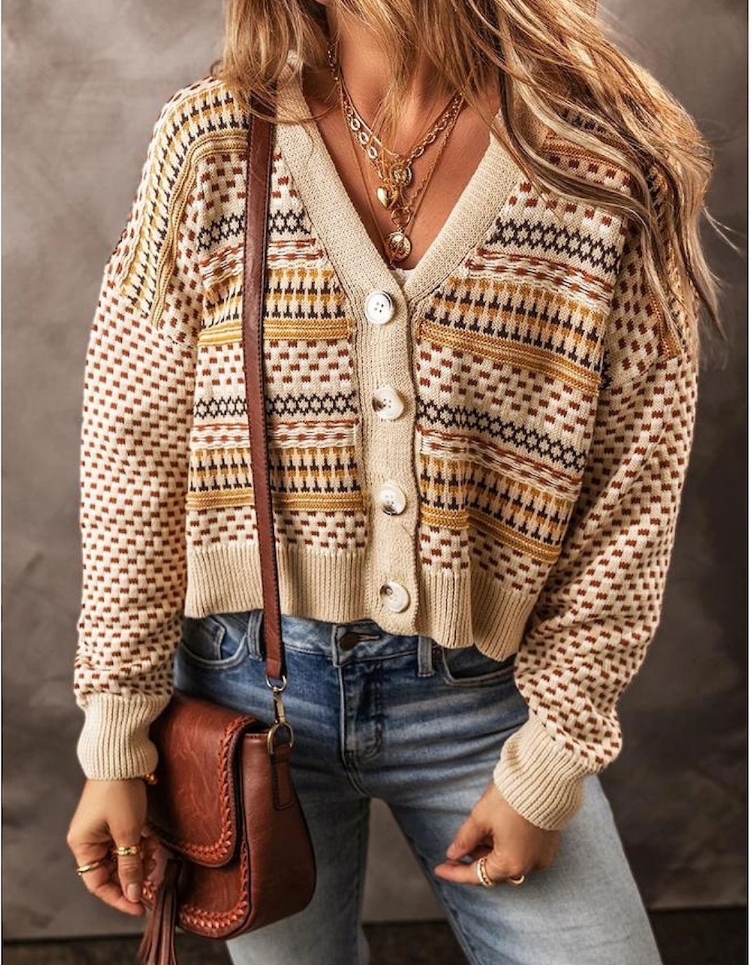 Khaki Buttoned V Neck Cropped Cardigan