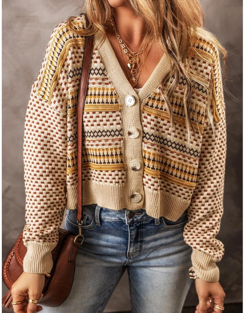 Khaki Buttoned V Neck Cropped Cardigan