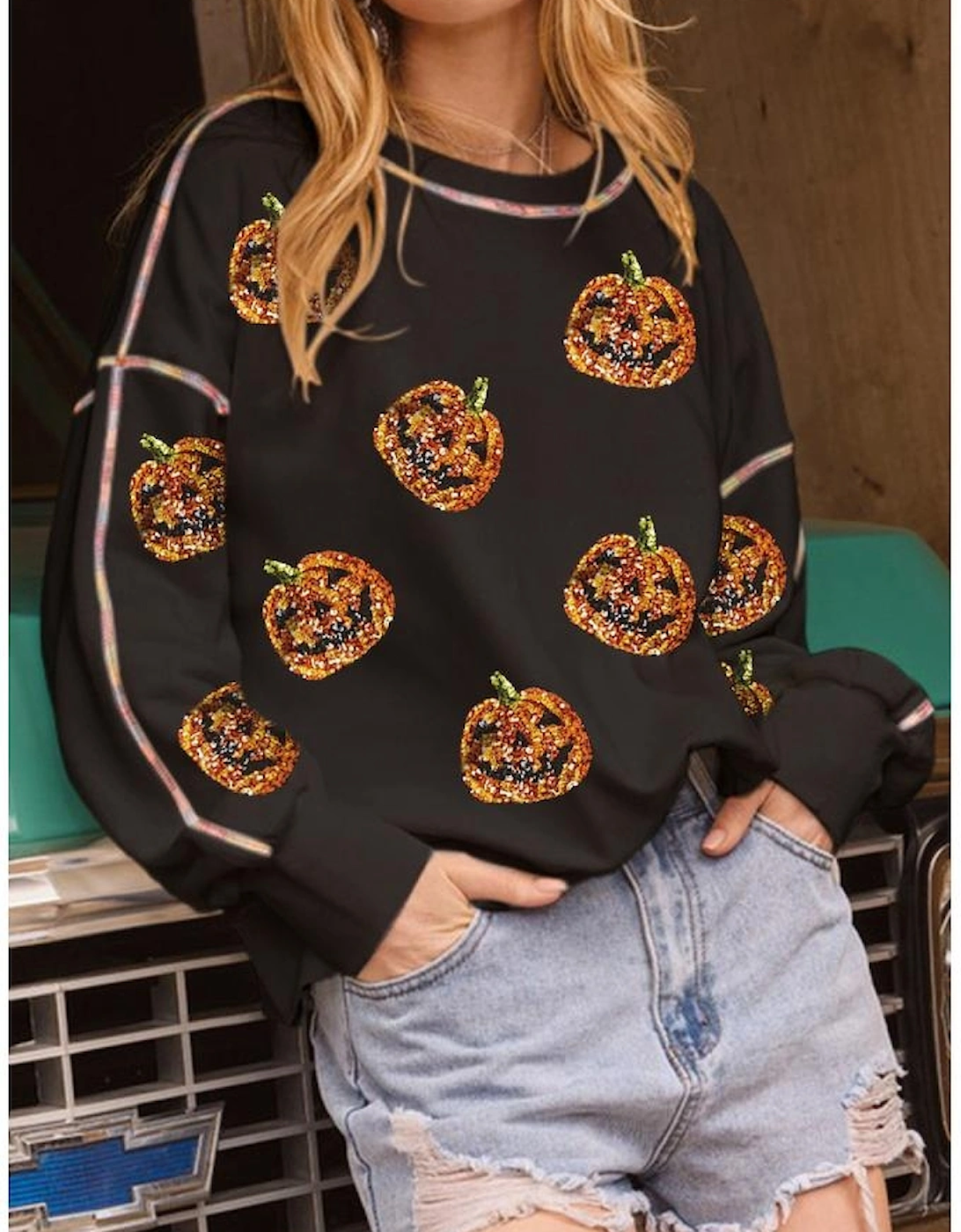 Black Sequin Pumpkin Face Graphic Exposed Seam Halloween Sweatshirt
