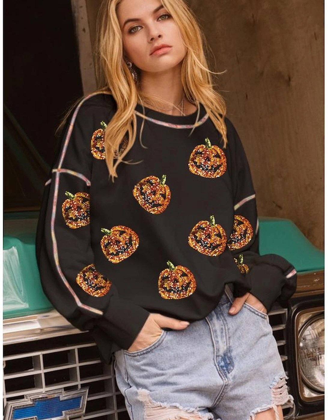 Black Sequin Pumpkin Face Graphic Exposed Seam Halloween Sweatshirt