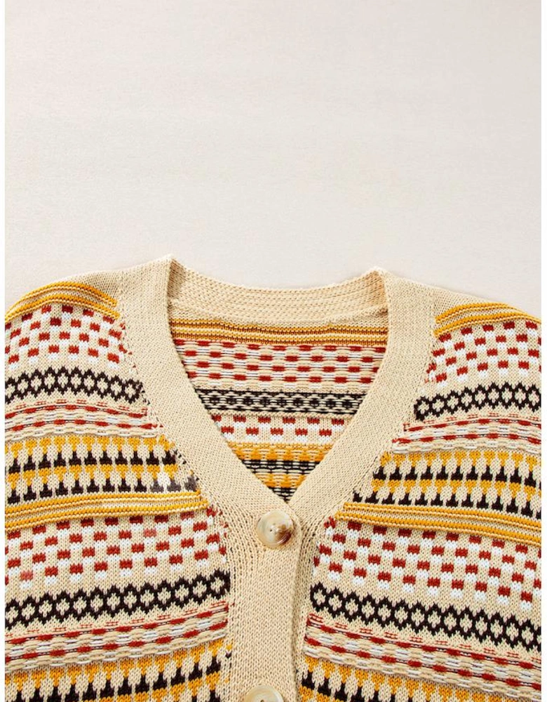 Khaki Buttoned V Neck Cropped Cardigan