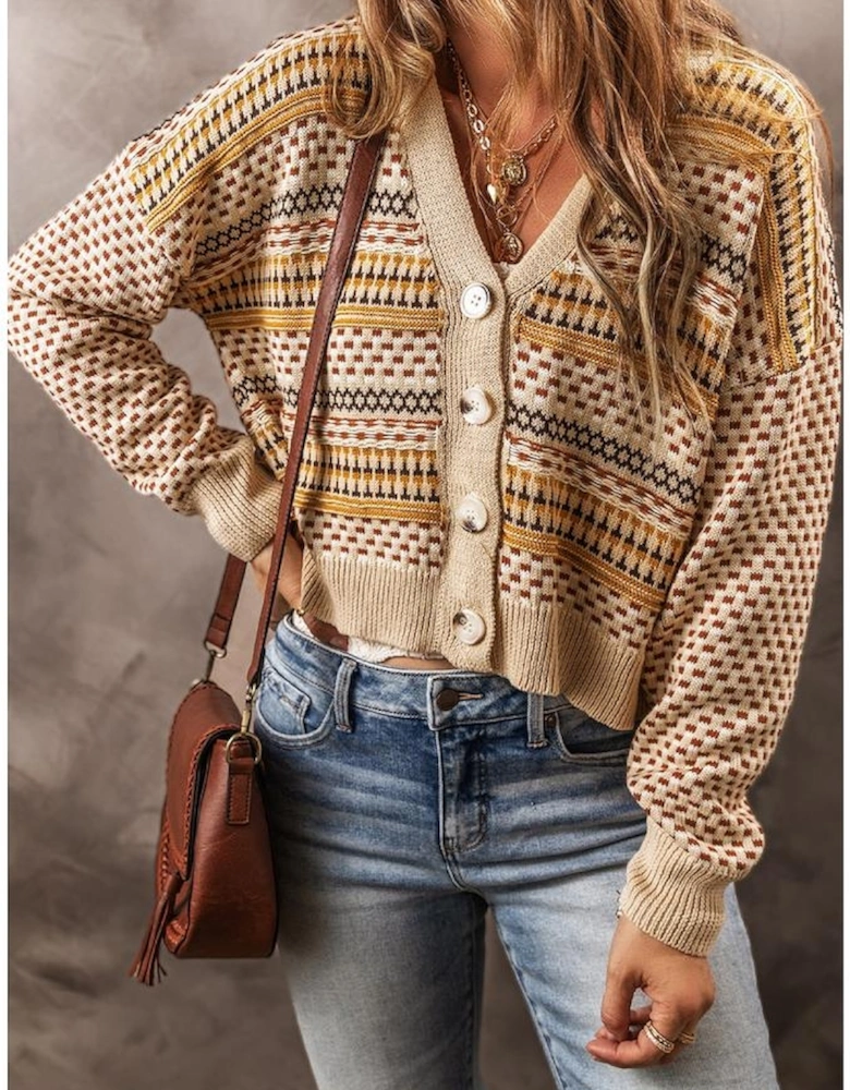 Khaki Buttoned V Neck Cropped Cardigan