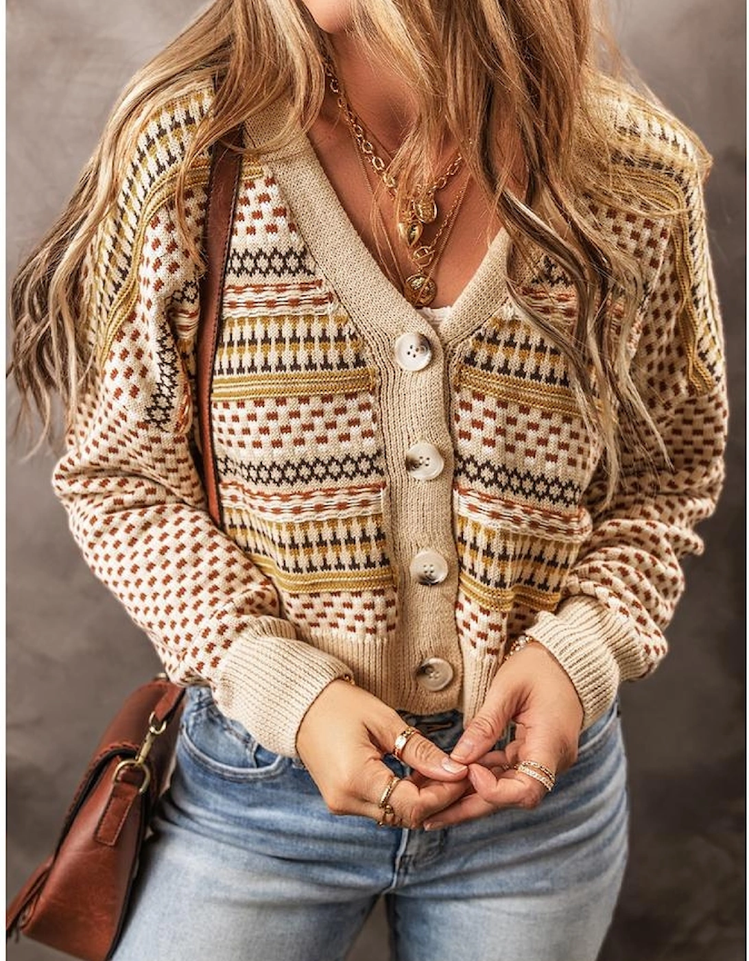 Khaki Buttoned V Neck Cropped Cardigan
