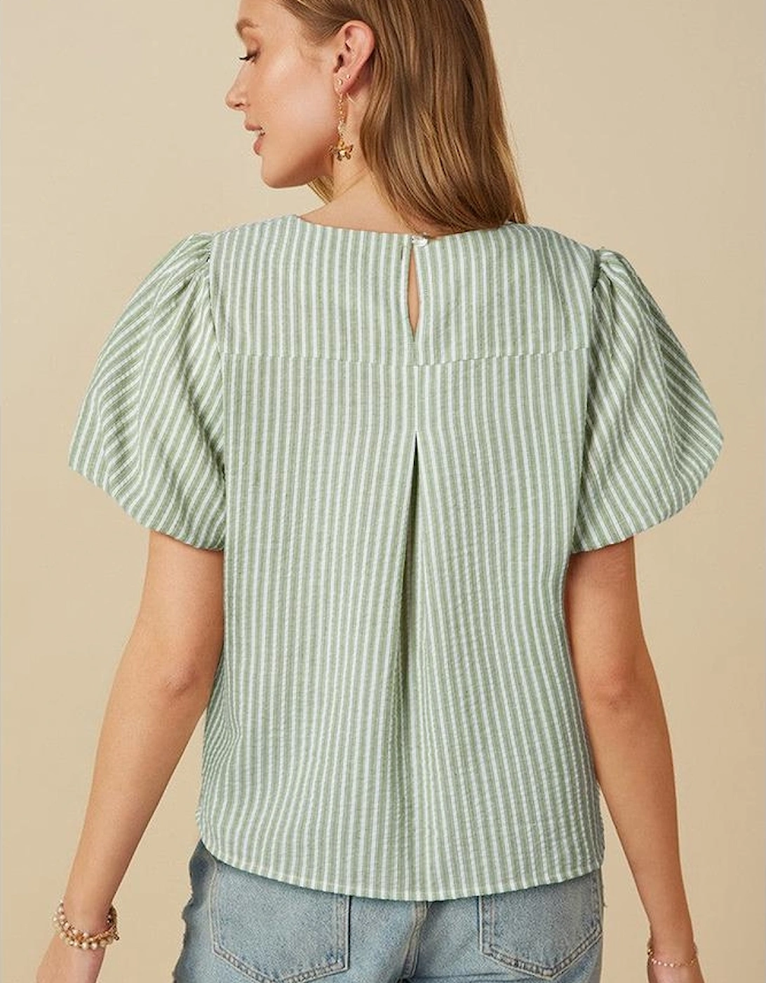 Green Stripe Textured Round Neck Short Puff Sleeve Blouse