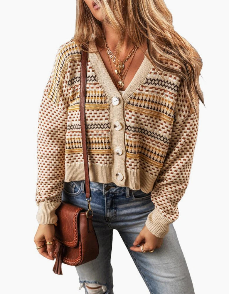 Khaki Buttoned V Neck Cropped Cardigan