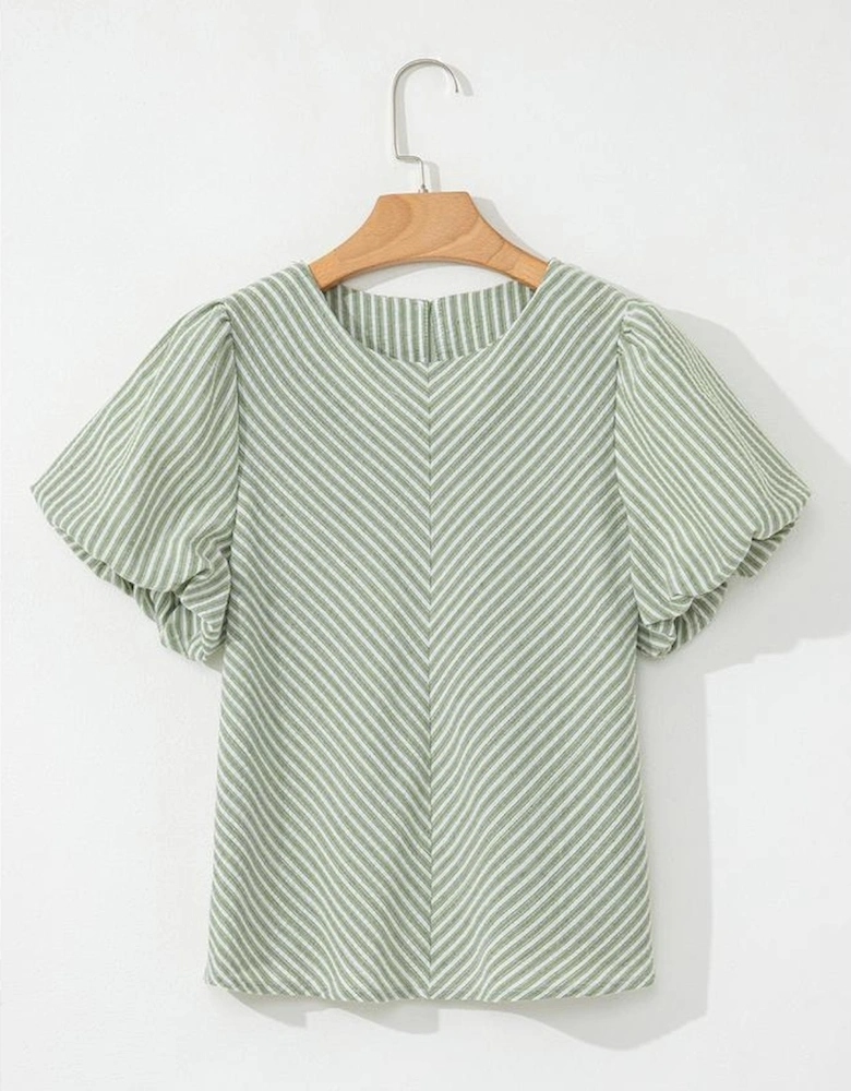 Green Stripe Textured Round Neck Short Puff Sleeve Blouse