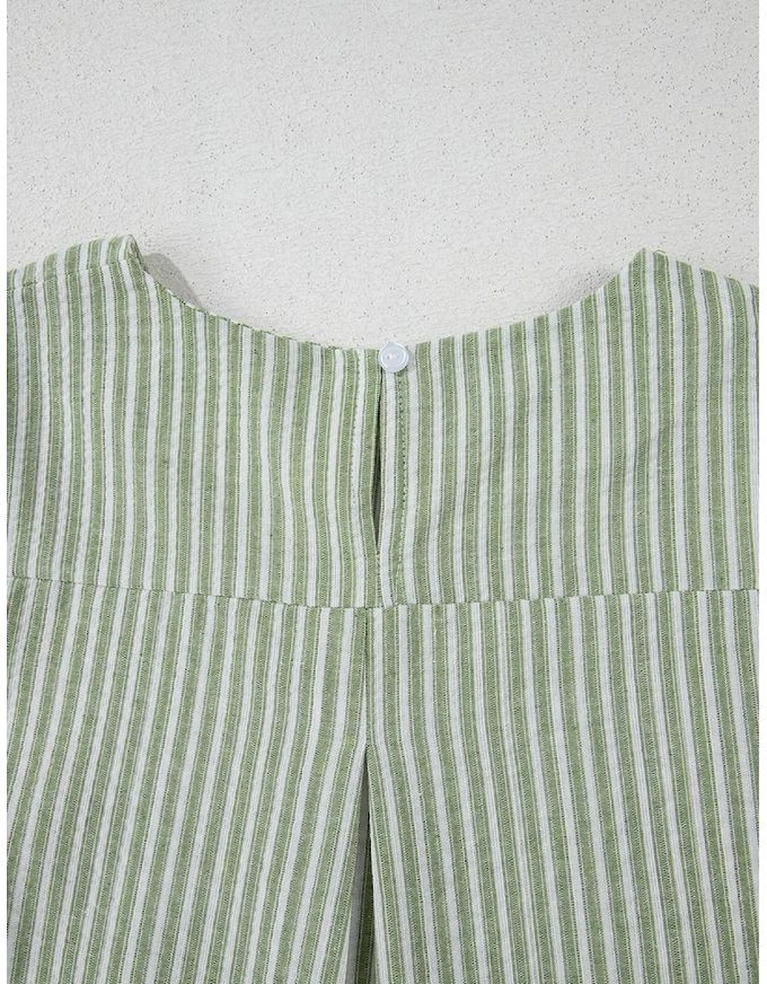 Green Stripe Textured Round Neck Short Puff Sleeve Blouse