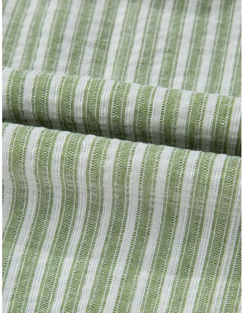 Green Stripe Textured Round Neck Short Puff Sleeve Blouse