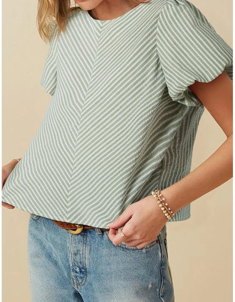 Green Stripe Textured Round Neck Short Puff Sleeve Blouse