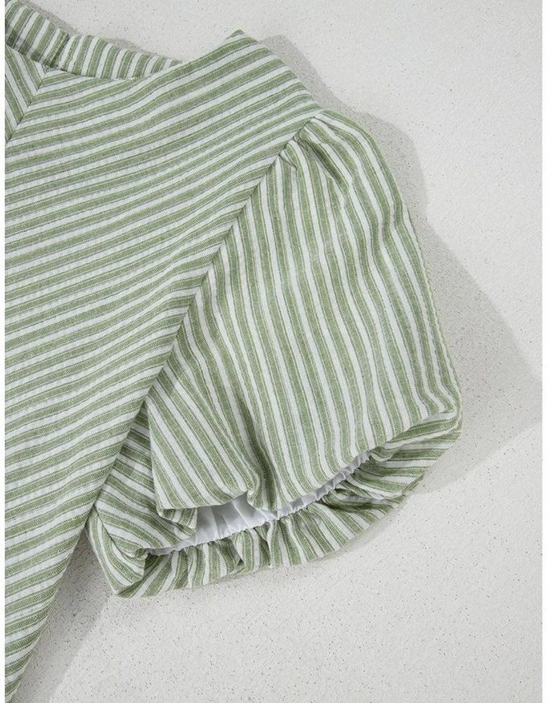 Green Stripe Textured Round Neck Short Puff Sleeve Blouse