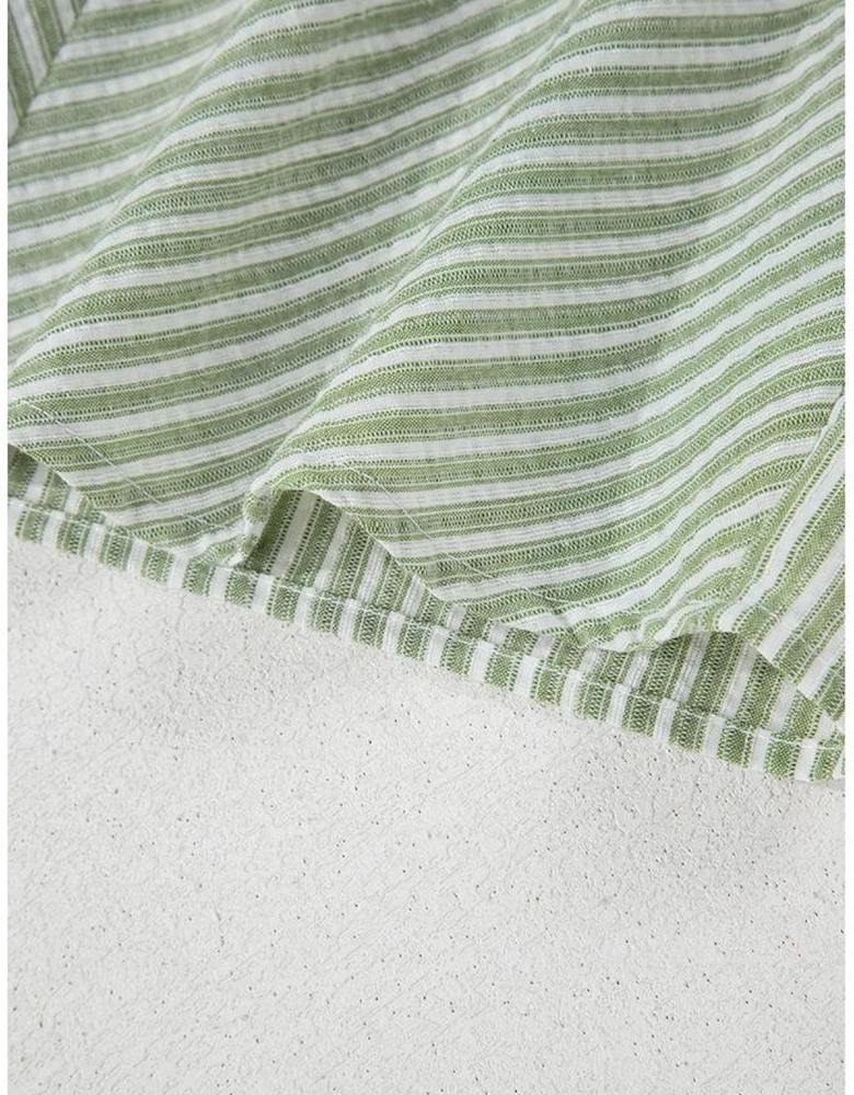 Green Stripe Textured Round Neck Short Puff Sleeve Blouse