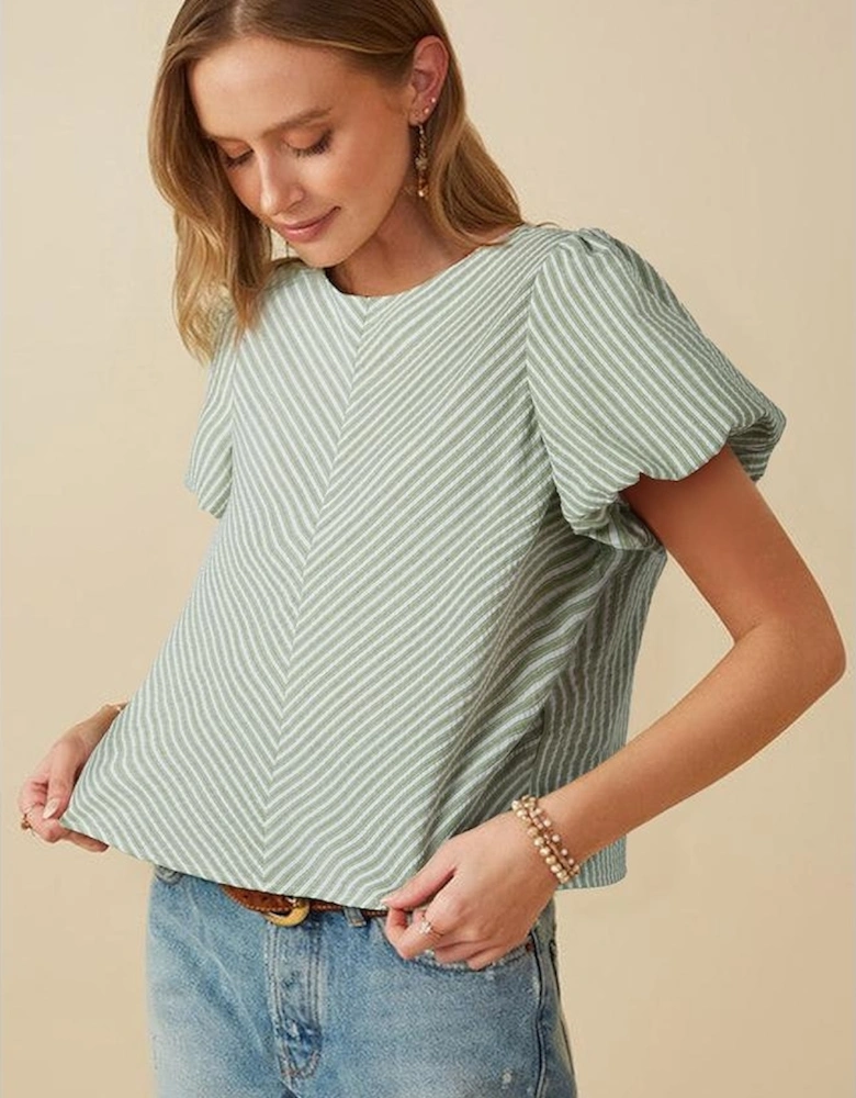 Green Stripe Textured Round Neck Short Puff Sleeve Blouse