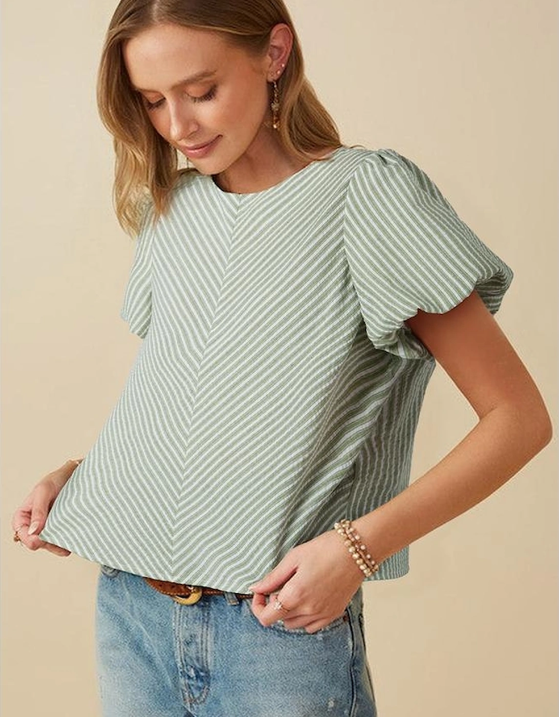 Green Stripe Textured Round Neck Short Puff Sleeve Blouse