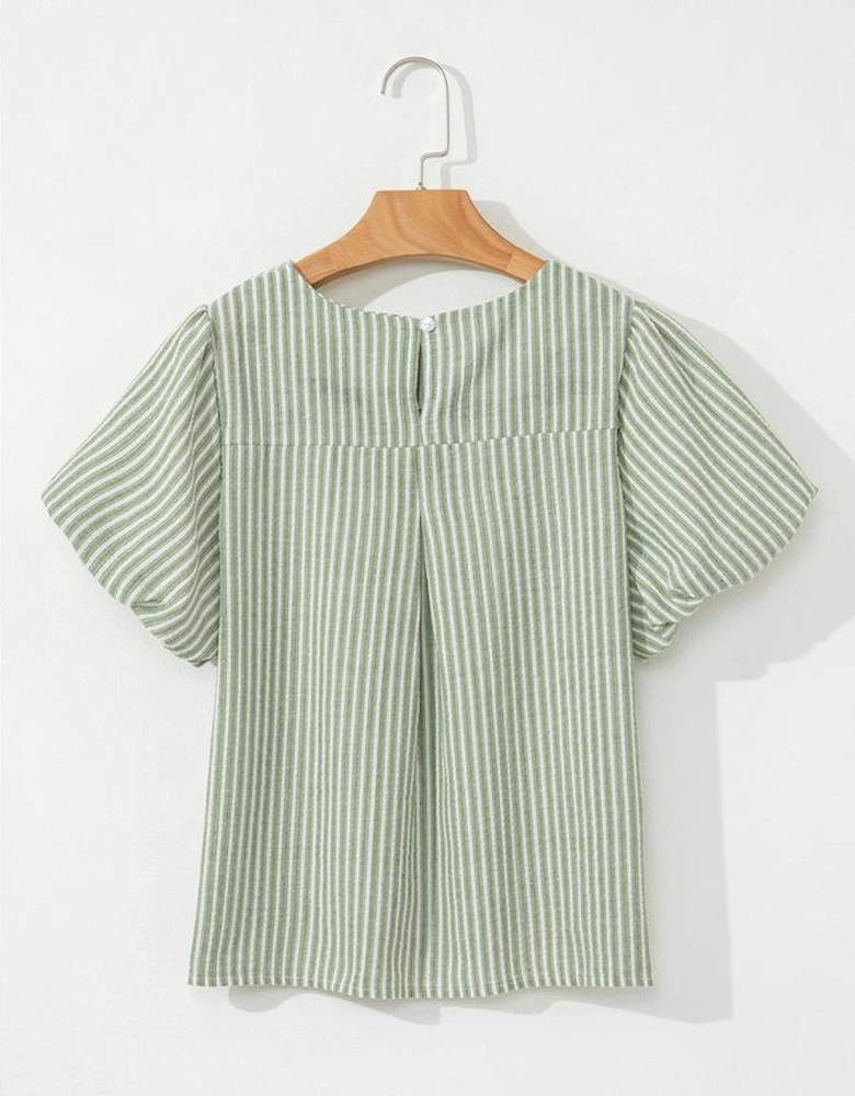 Green Stripe Textured Round Neck Short Puff Sleeve Blouse