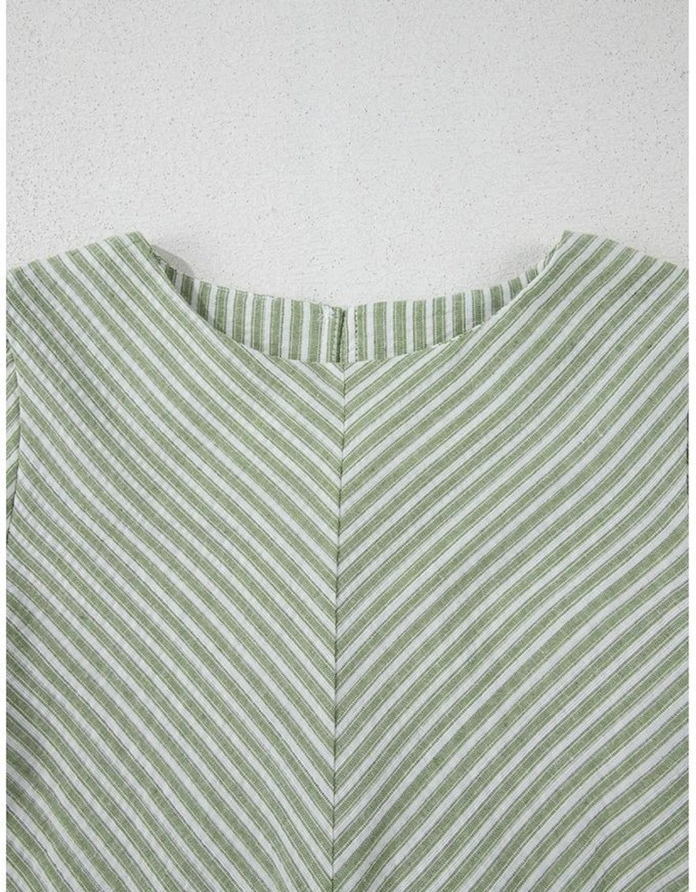 Green Stripe Textured Round Neck Short Puff Sleeve Blouse