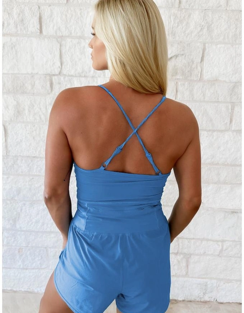 Blue Crossed Spaghetti Straps Drawstring Waist Sporty Romper