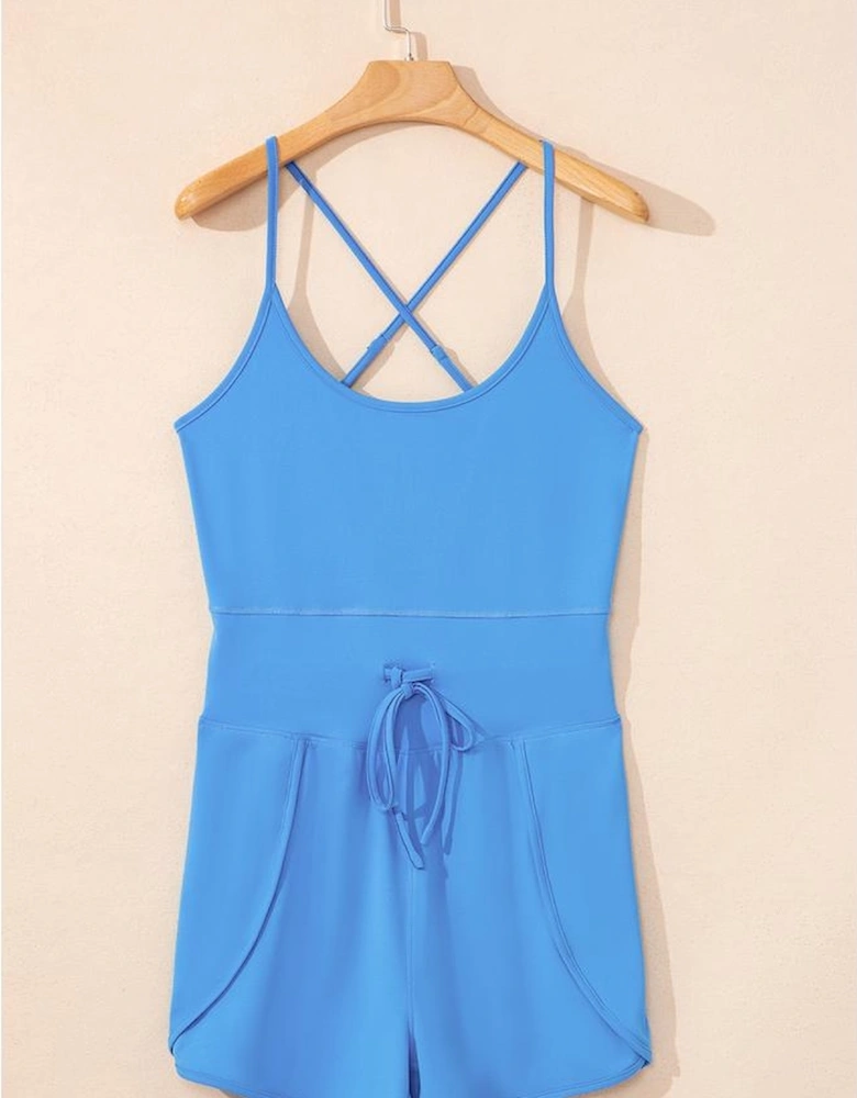 Blue Crossed Spaghetti Straps Drawstring Waist Sporty Romper