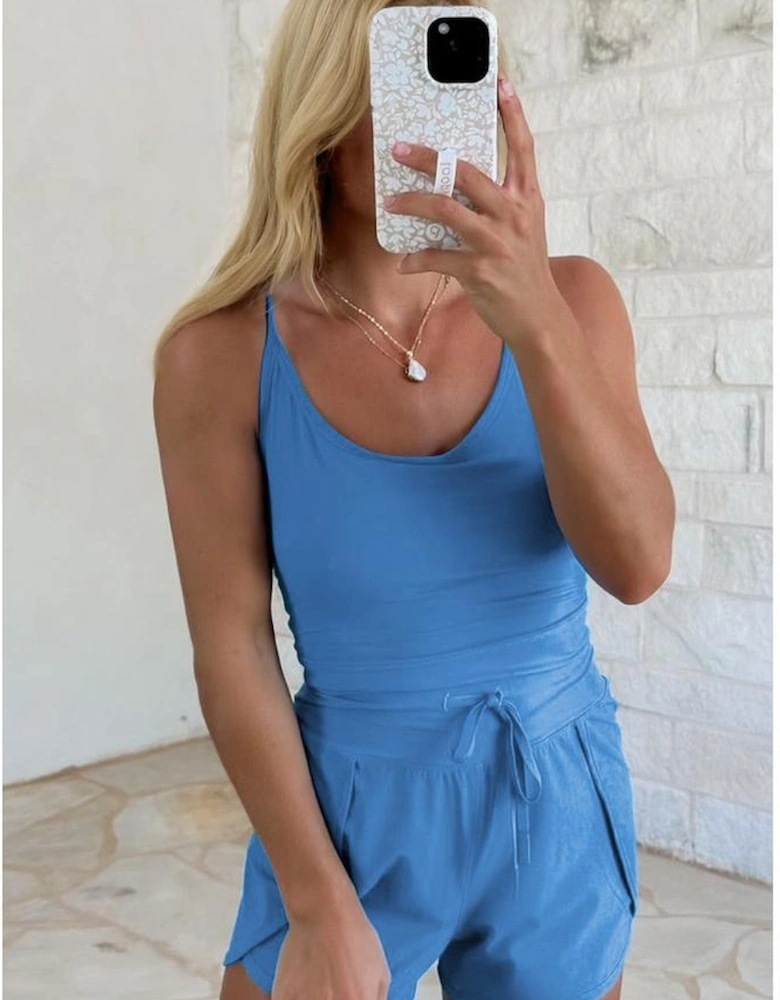 Blue Crossed Spaghetti Straps Drawstring Waist Sporty Romper