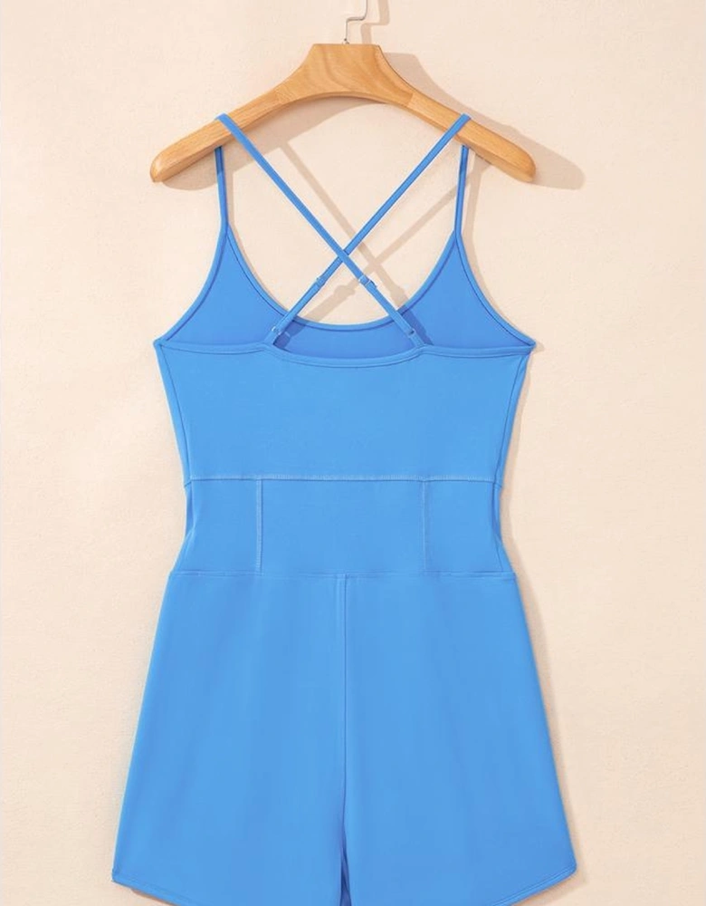 Blue Crossed Spaghetti Straps Drawstring Waist Sporty Romper
