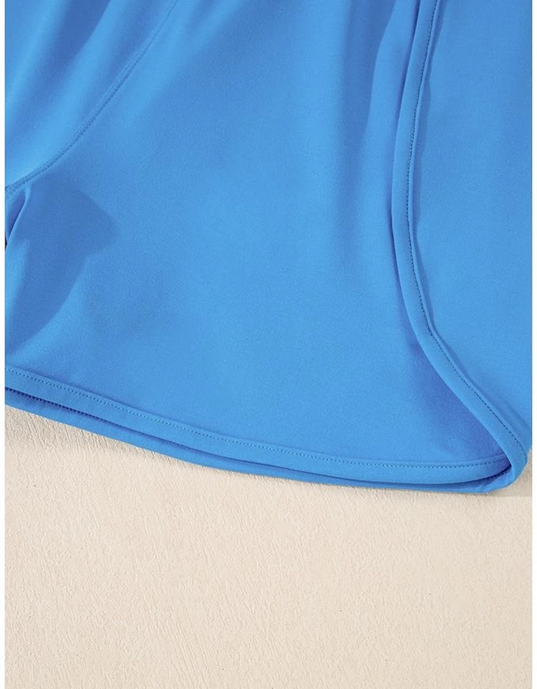 Blue Crossed Spaghetti Straps Drawstring Waist Sporty Romper