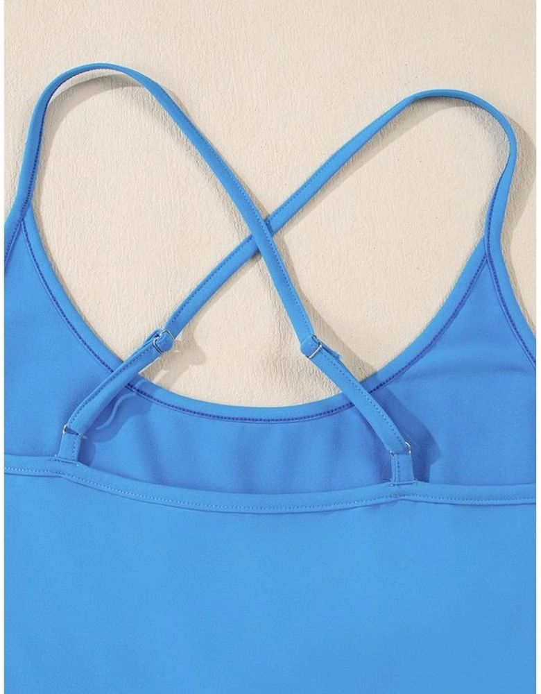 Blue Crossed Spaghetti Straps Drawstring Waist Sporty Romper
