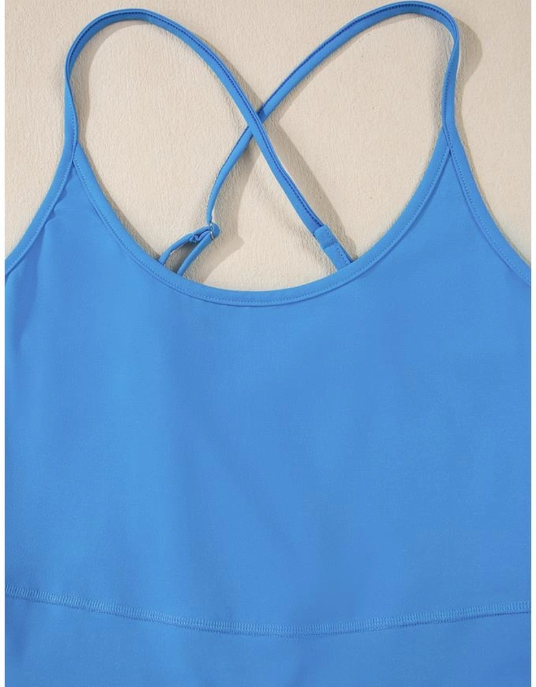 Blue Crossed Spaghetti Straps Drawstring Waist Sporty Romper