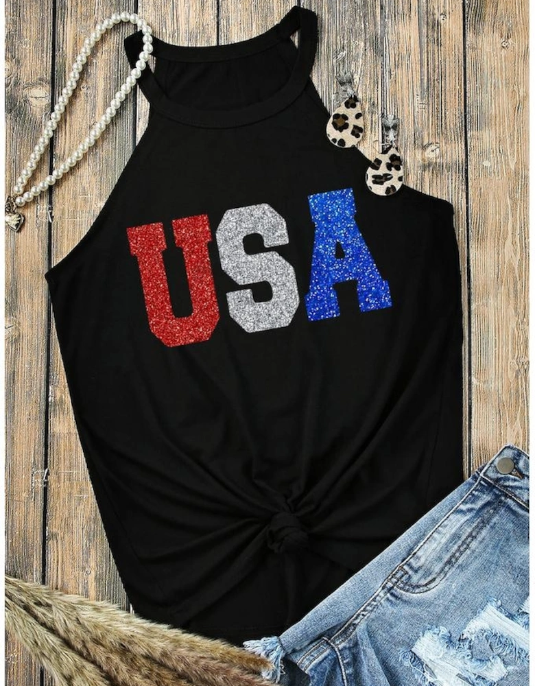 Black Glitter USA Letters Graphic Tank Top
