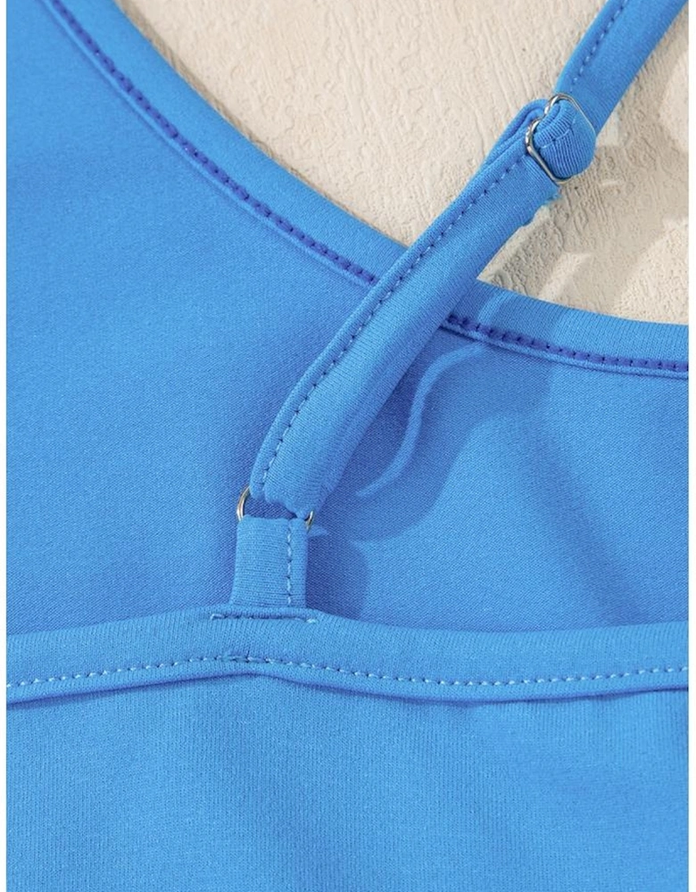 Blue Crossed Spaghetti Straps Drawstring Waist Sporty Romper