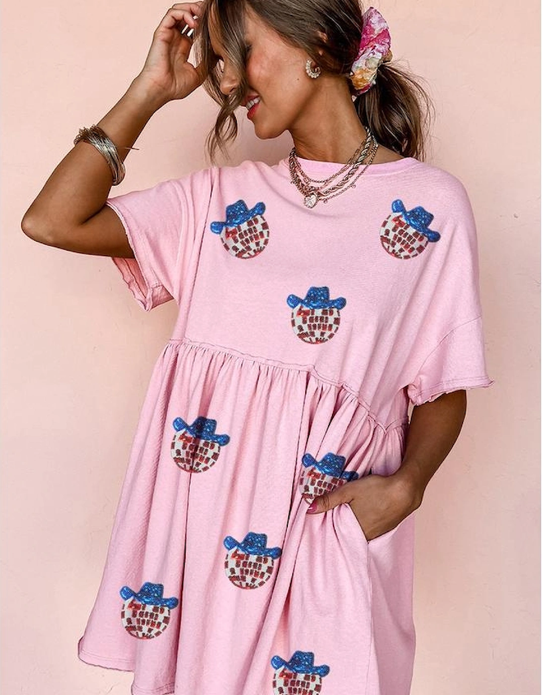 Light Pink American Flag Inspired Sequin Disco Ball Patched Shift Mini Dress, 9 of 8