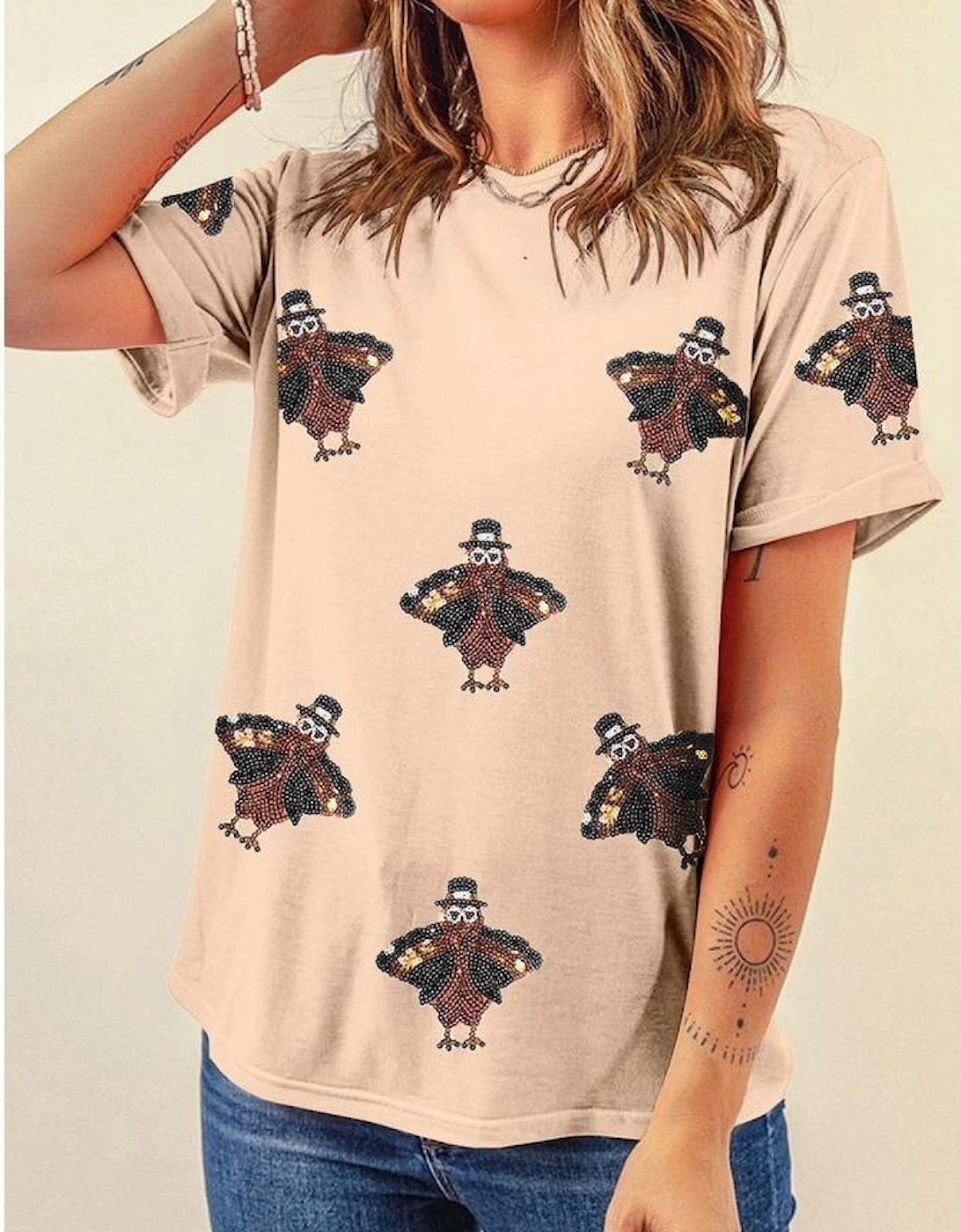 Khaki Sequined Turkey Patched Pattern Crewneck Thanksgiving T Shirt