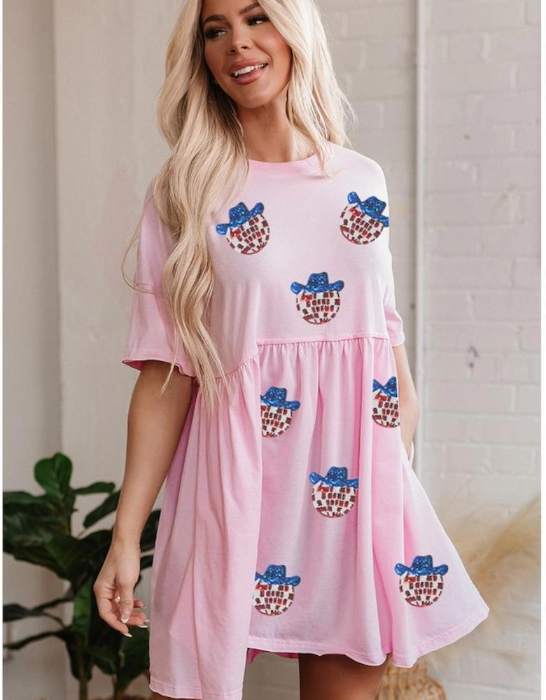 Light Pink American Flag Inspired Sequin Disco Ball Patched Shift Mini Dress