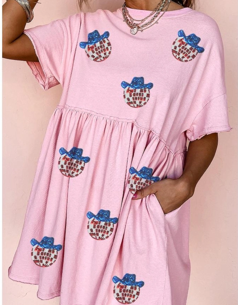 Light Pink American Flag Inspired Sequin Disco Ball Patched Shift Mini Dress