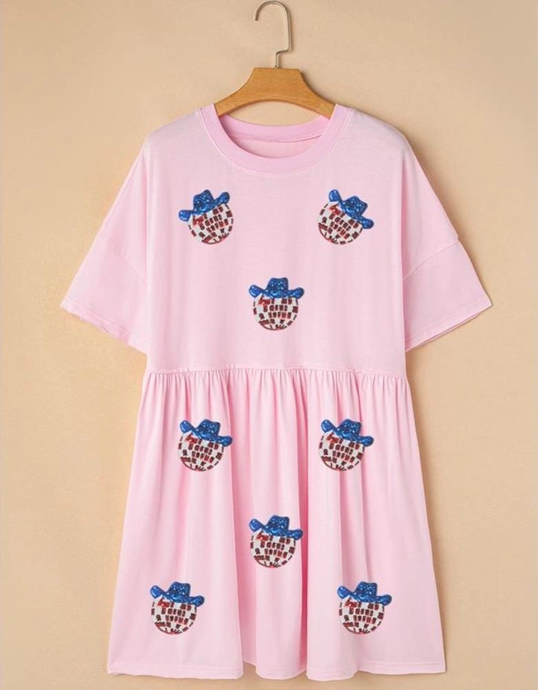 Light Pink American Flag Inspired Sequin Disco Ball Patched Shift Mini Dress