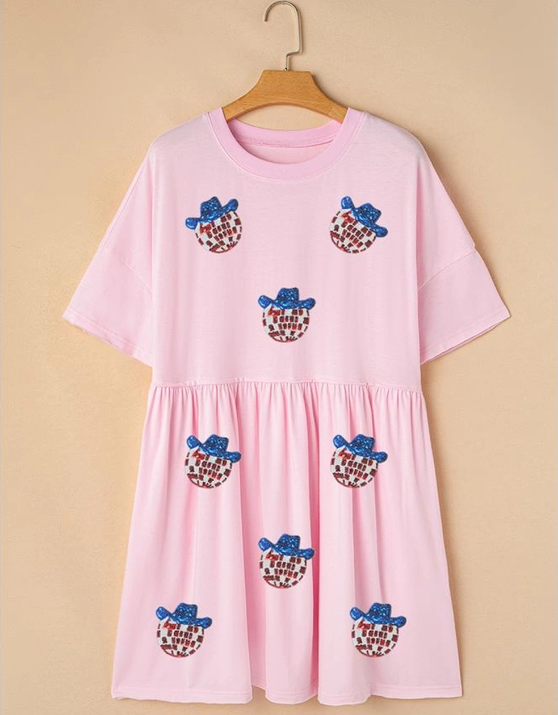 Light Pink American Flag Inspired Sequin Disco Ball Patched Shift Mini Dress