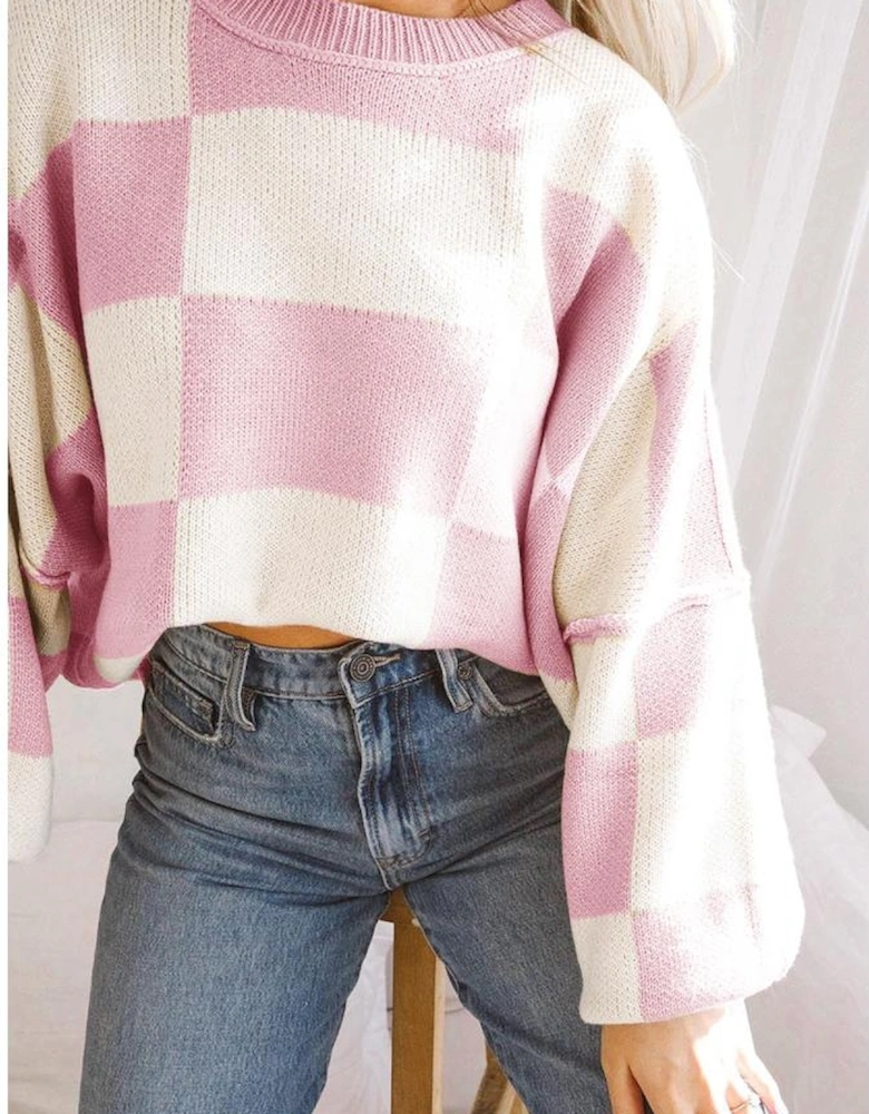 Pink Checkered Bishop Sleeve Sweater