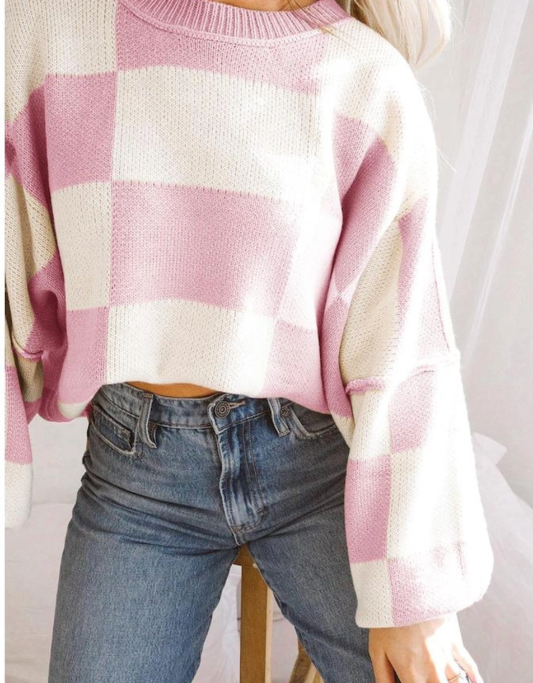 Pink Checkered Bishop Sleeve Sweater, 6 of 5