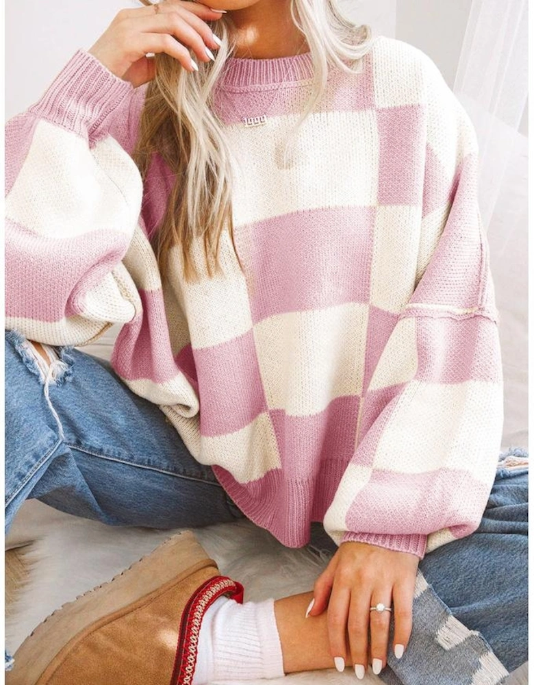 Pink Checkered Bishop Sleeve Sweater