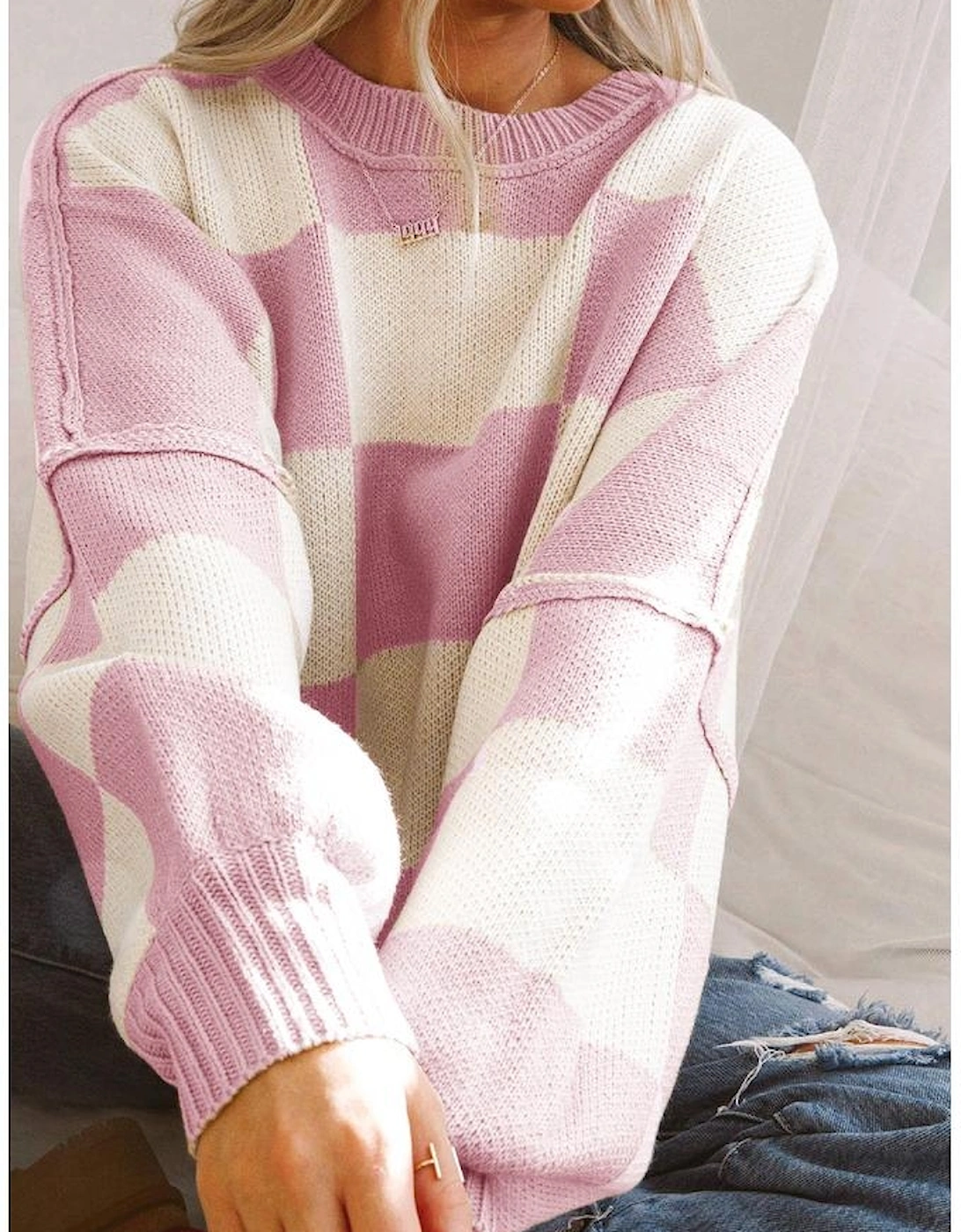 Pink Checkered Bishop Sleeve Sweater