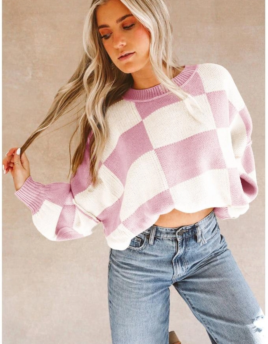 Pink Checkered Bishop Sleeve Sweater