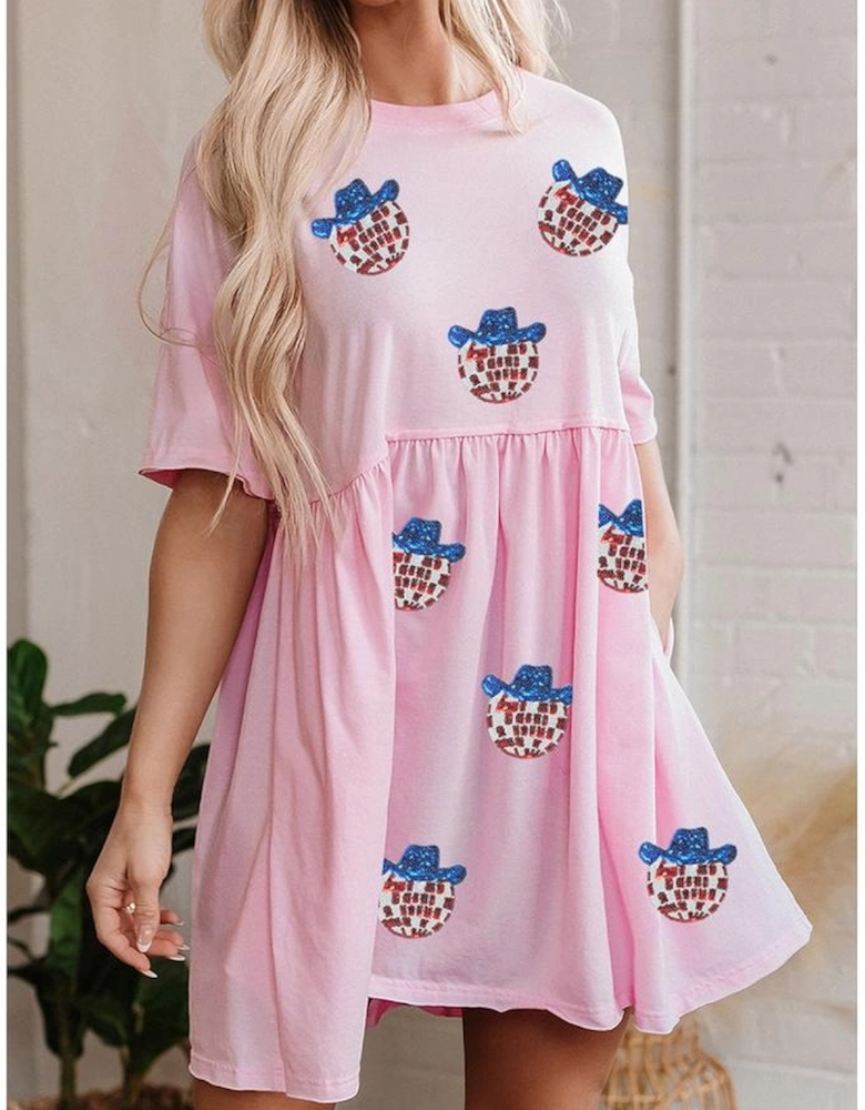 Light Pink American Flag Inspired Sequin Disco Ball Patched Shift Mini Dress