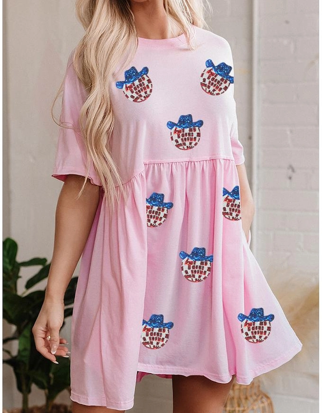 Light Pink American Flag Inspired Sequin Disco Ball Patched Shift Mini Dress