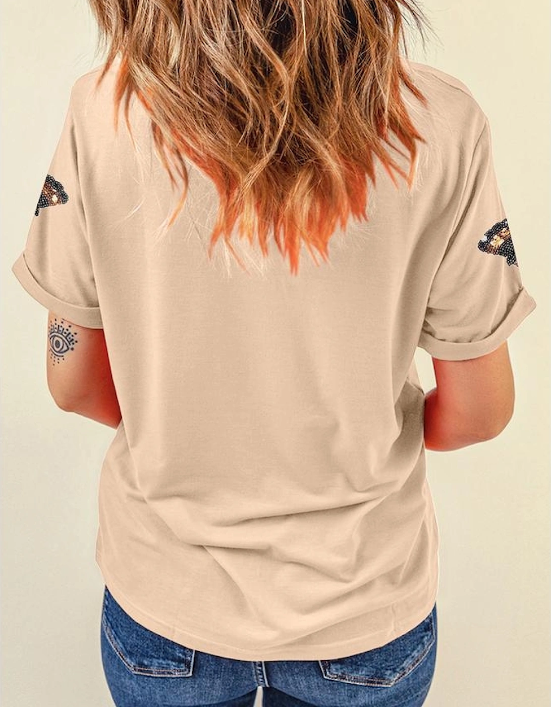 Khaki Sequined Turkey Patched Pattern Crewneck Thanksgiving T Shirt