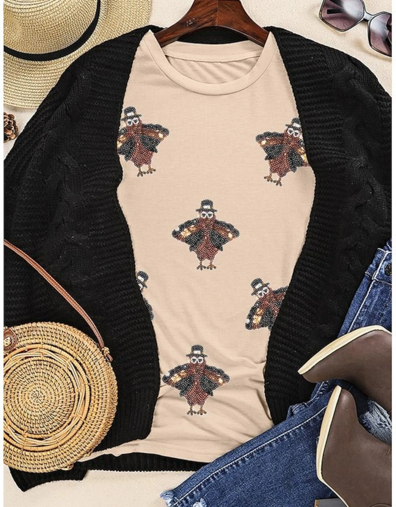 Khaki Sequined Turkey Patched Pattern Crewneck Thanksgiving T Shirt