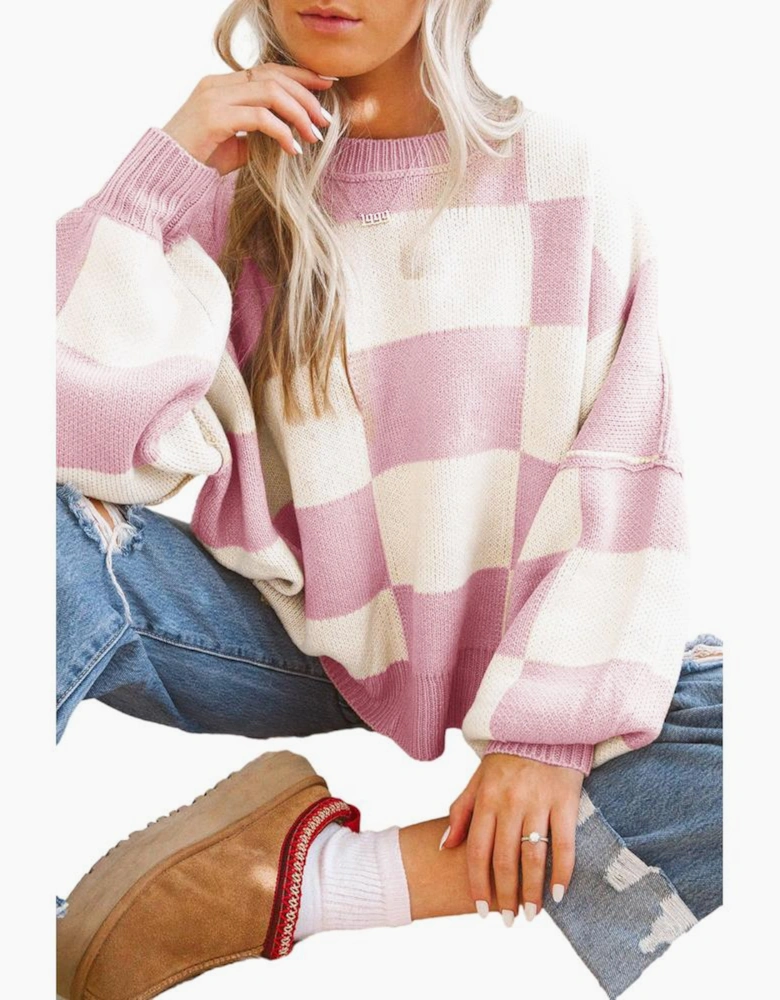 Pink Checkered Bishop Sleeve Sweater