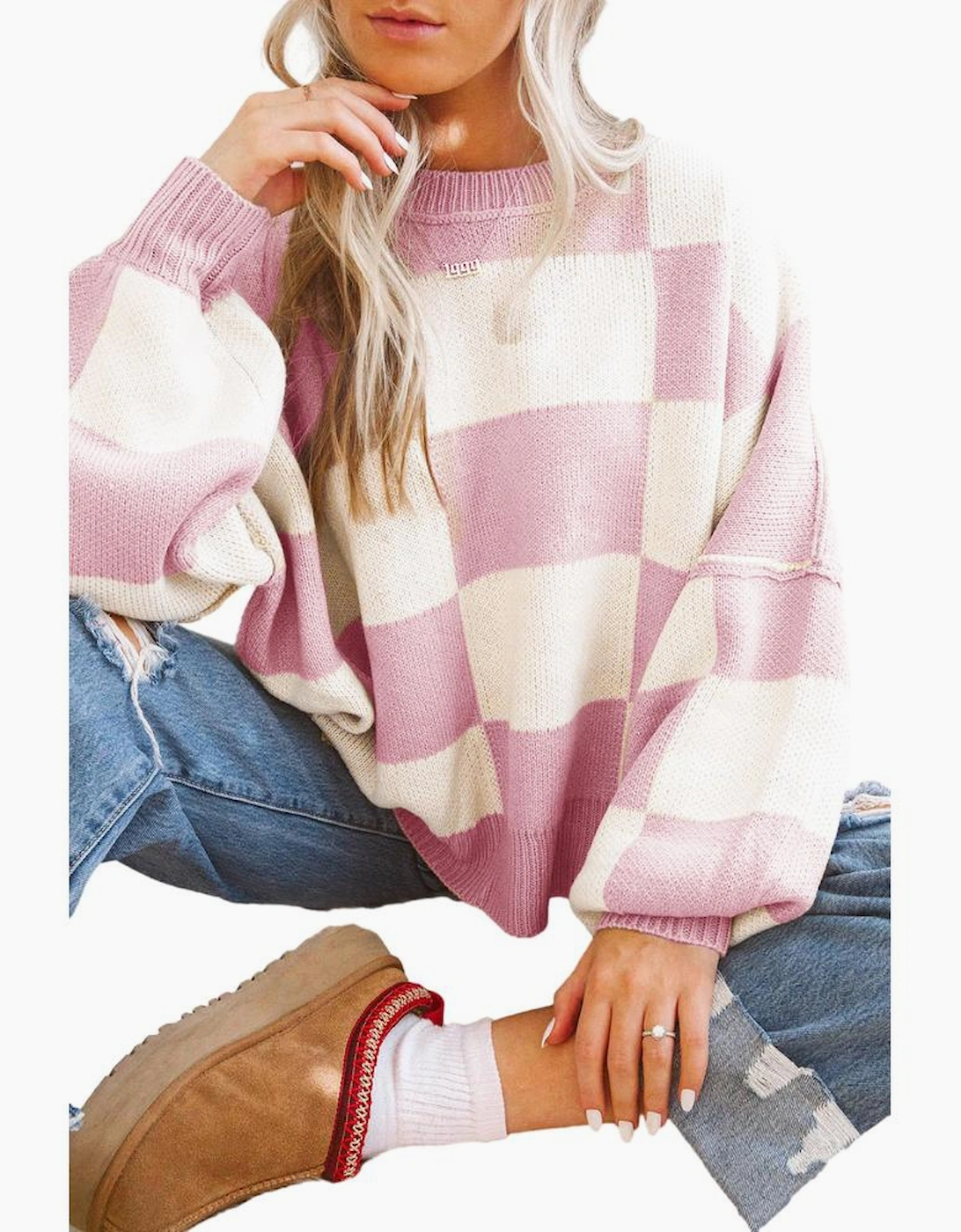 Pink Checkered Bishop Sleeve Sweater