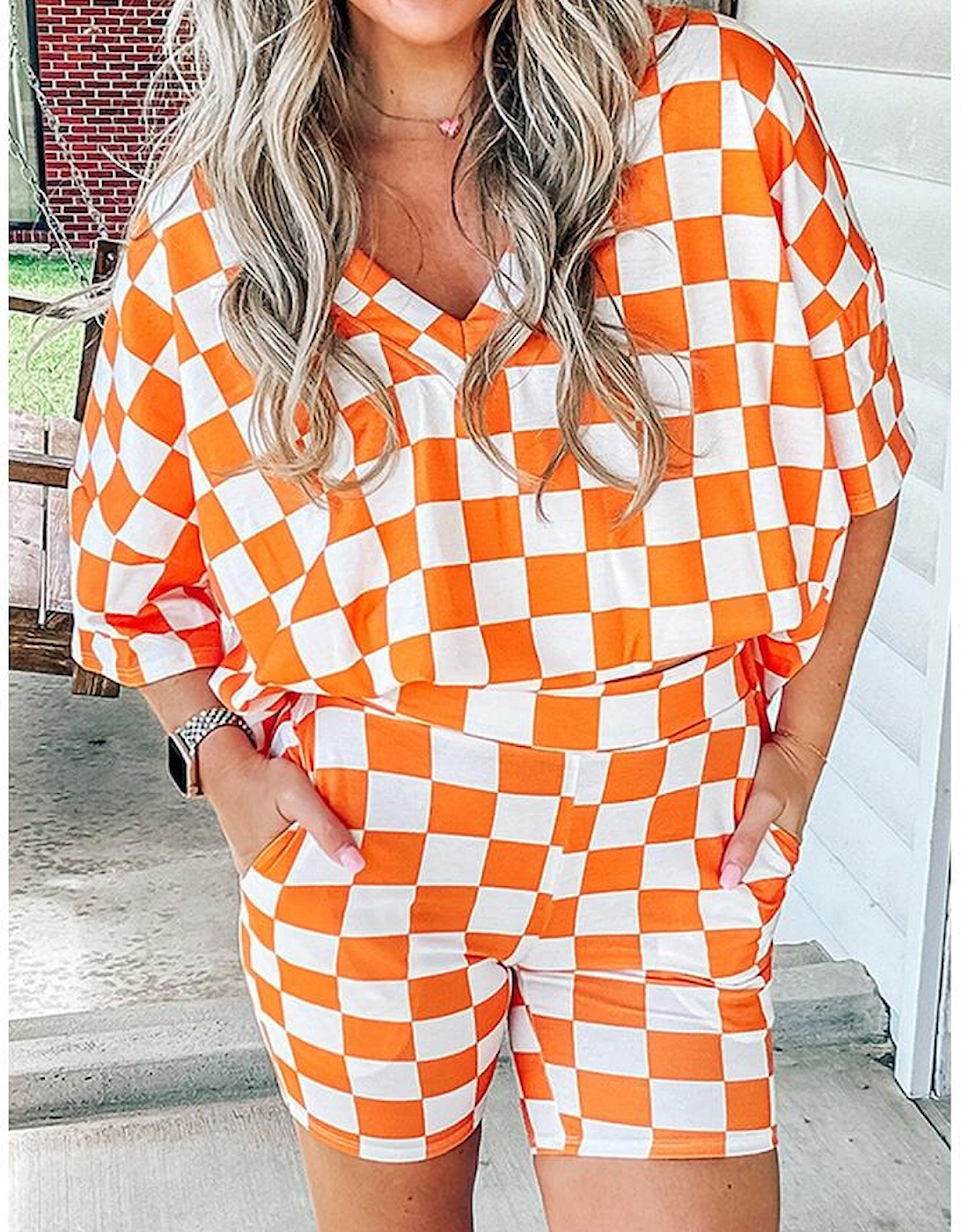Orange Checkerboard Print V Neck Loose Tee and Shorts Lounge Set, 11 of 10
